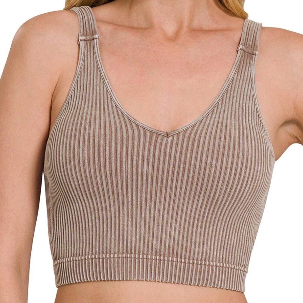 Washed Ribbed Cropped Seamless Bra Padded Tank Top Brami - Mocha